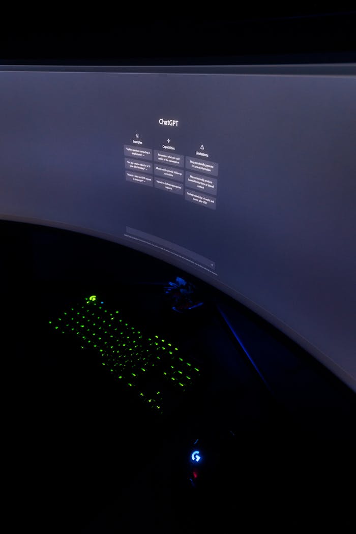 Dimly lit workspace featuring a curved monitor displaying ChatGPT and illuminated keyboard.